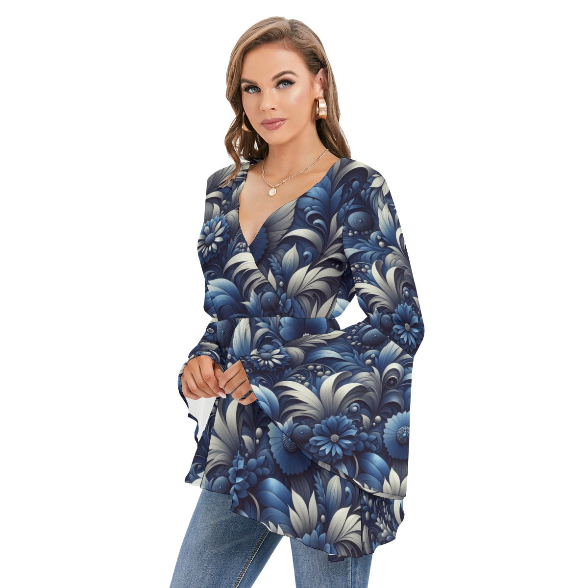 Woman wearing a blue floral patterned dress on a white background