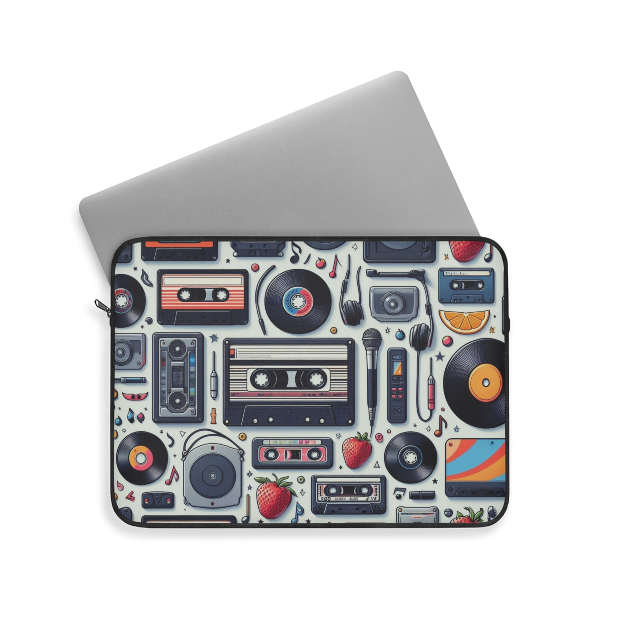 Laptop sleeve with retro music-themed design on a white background