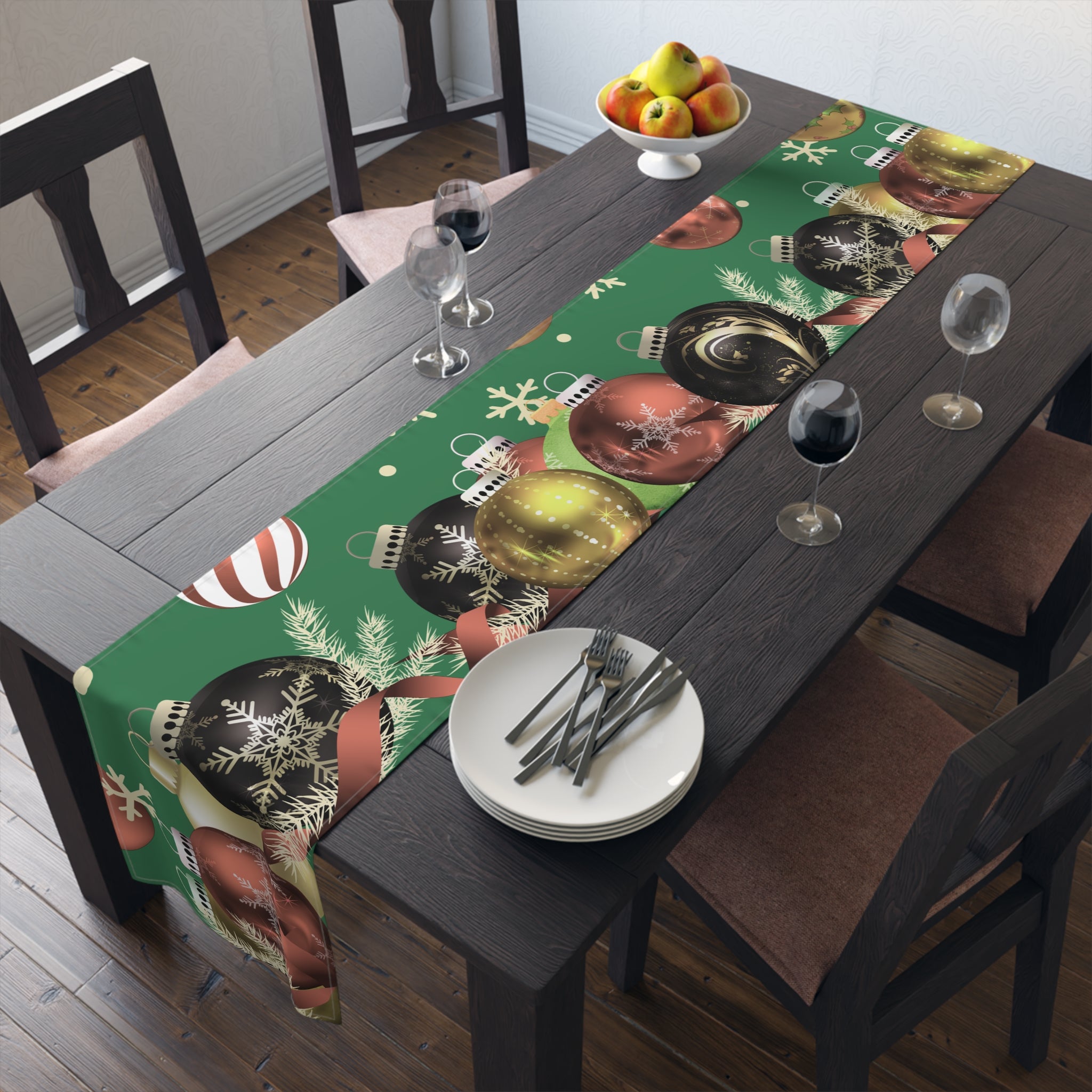 Christmas Ornaments Green Table Runner