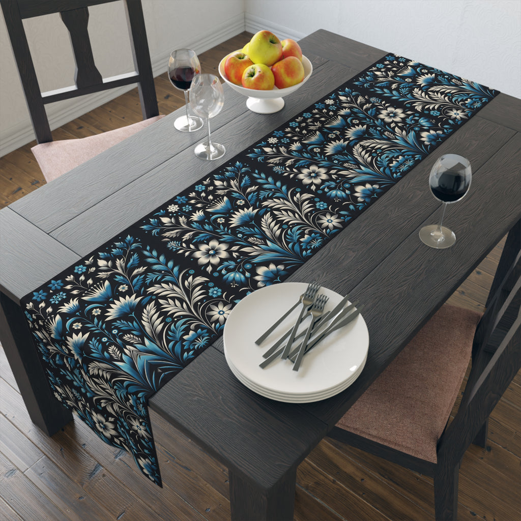 Dark Blue Art Deco Floral Table Runner Decor- Cotton Poly Blend