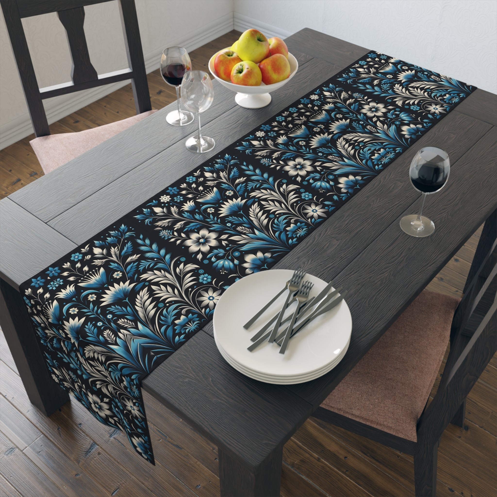 Dark Blue Art Deco Floral Table Runner Decor- Cotton Poly Blend