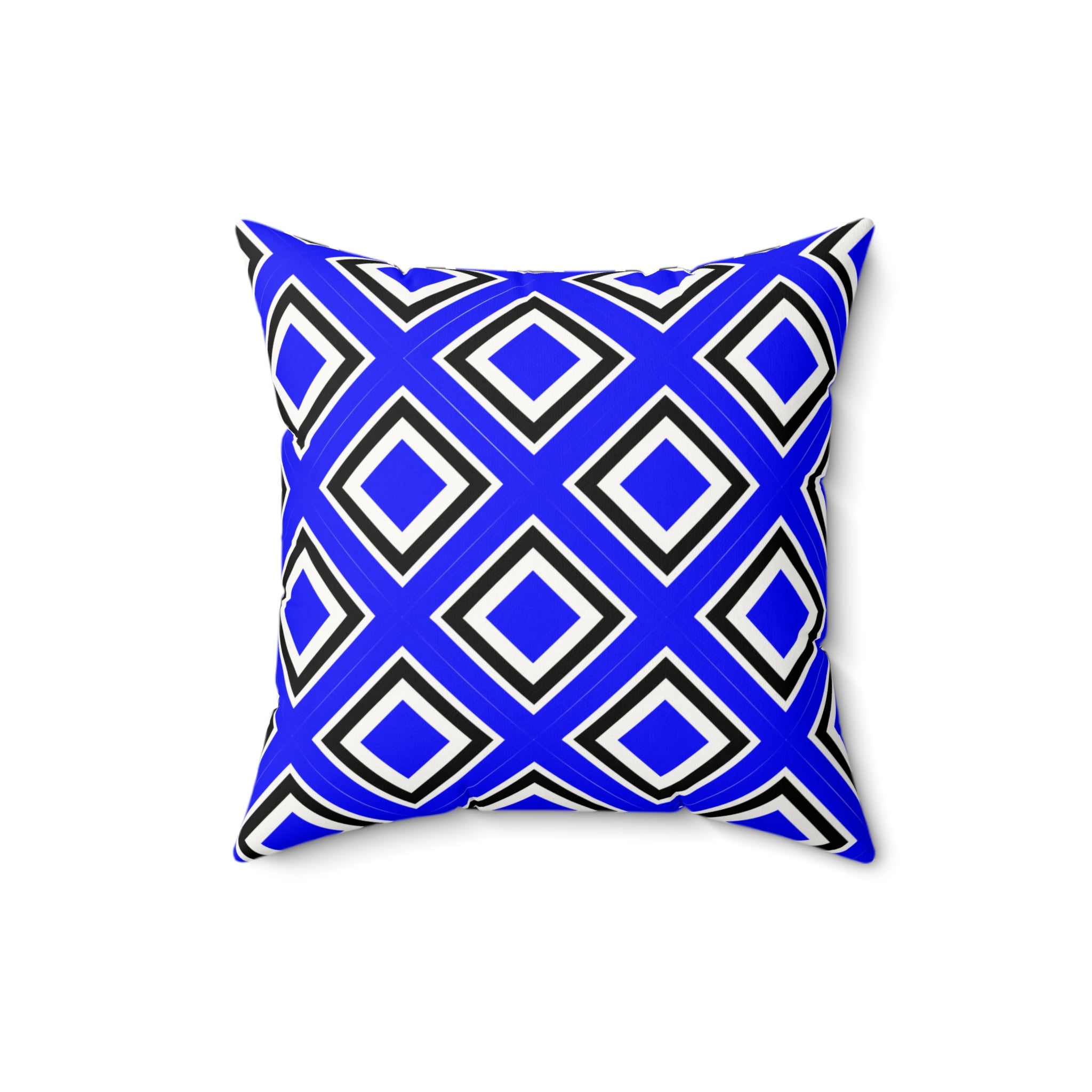 Decorative pillow with blue and black geometric pattern on a white background