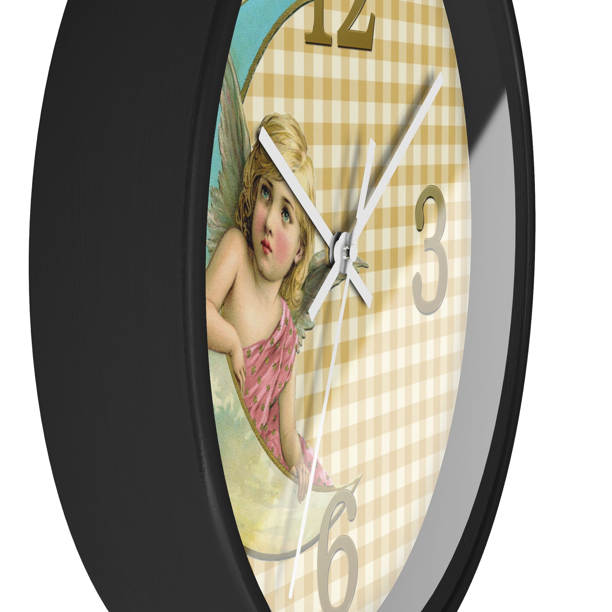 Wall clock with an angel design on a checkered background