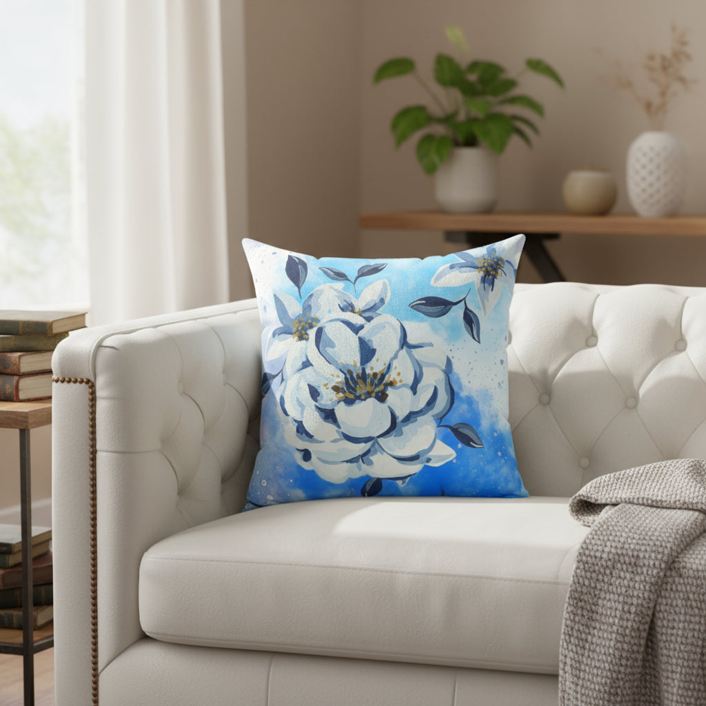 Floral pillow with white flowers on a blue background