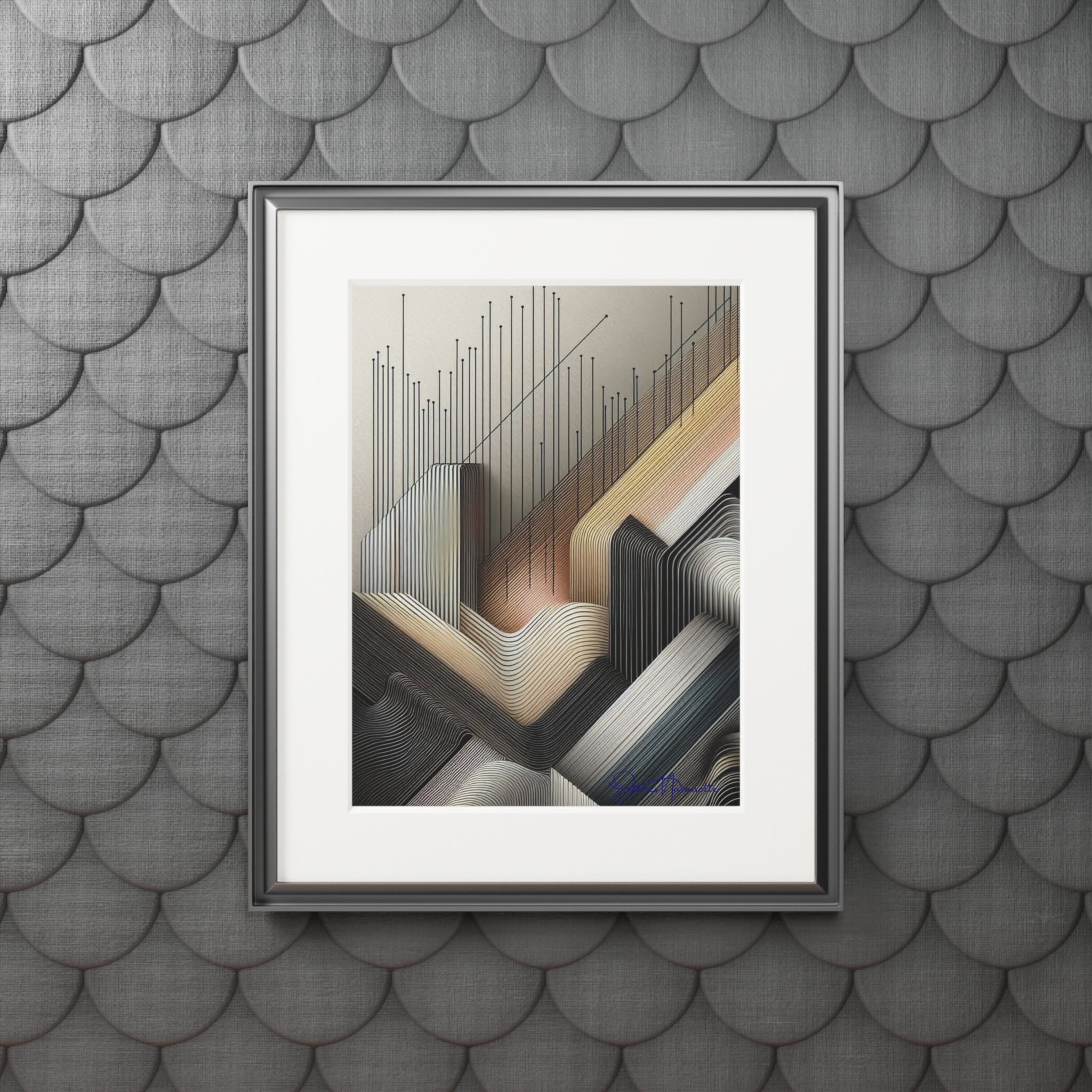 Framed abstract art piece on a textured gray wall