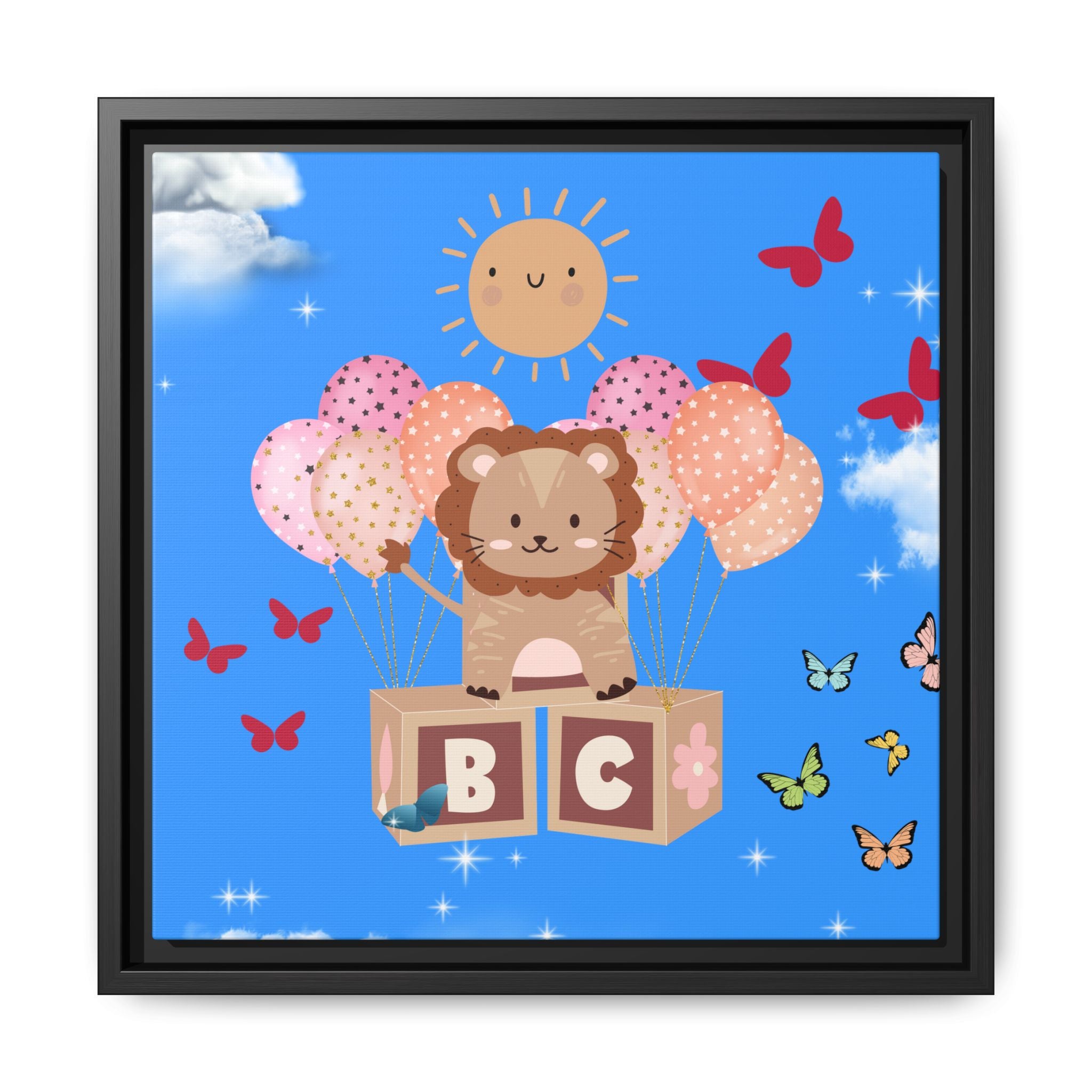 Framed children's artwork with a lion holding balloons and blocks against a blue sky.