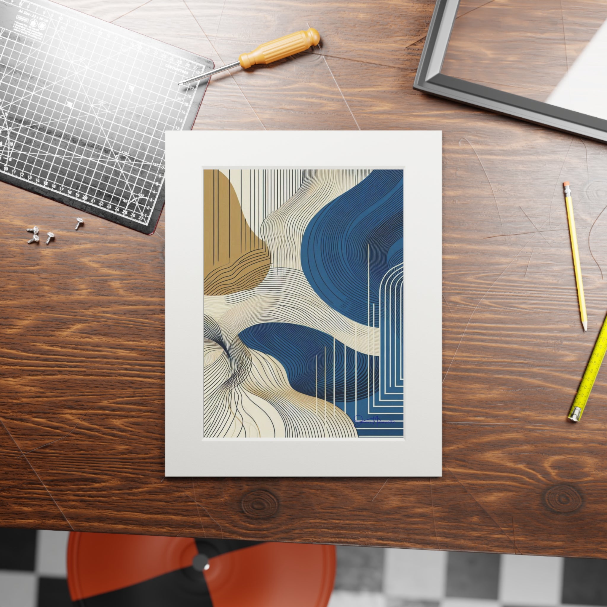 Fine Art Prints (Passepartout Paper Frame) - Abstract cobalt, cream, and white Landscape Wall Art