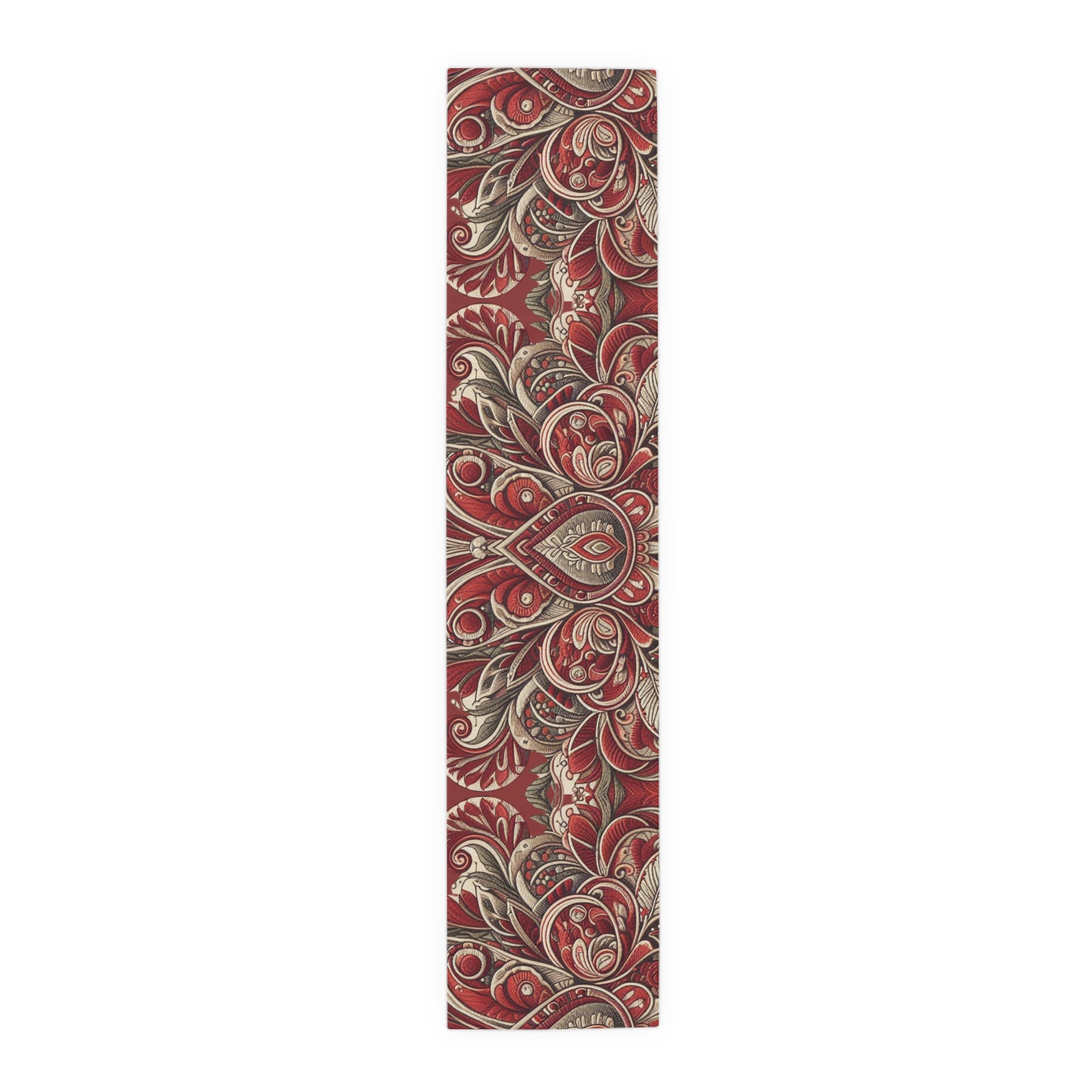 Yoga mat with red and beige paisley pattern on a white background