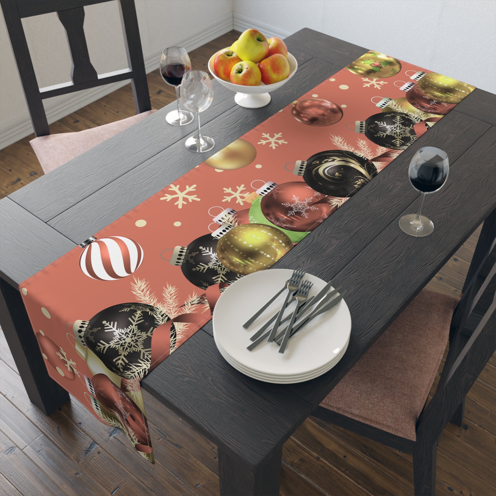 Christmas Ornaments Red Table Runner