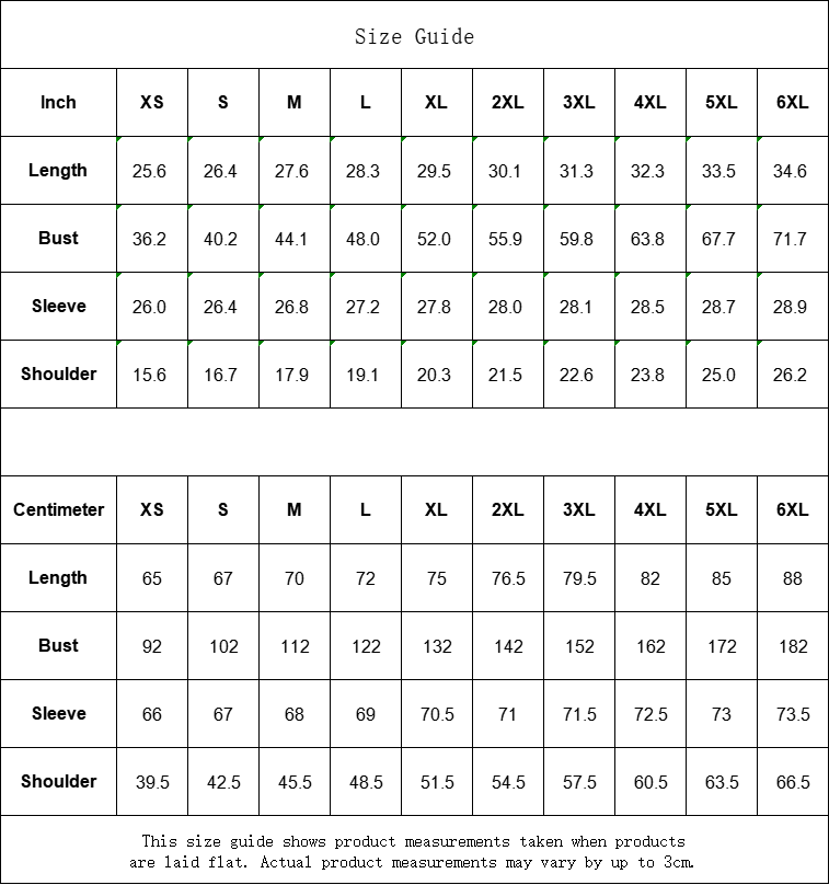 Size guide chart for clothing measurements in inches and centimeters.