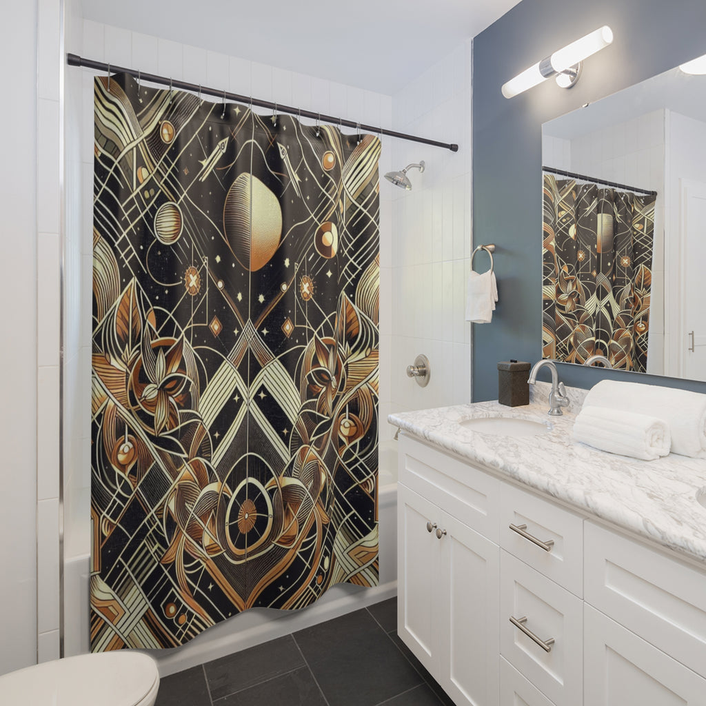 Bathroom with a decorative shower curtain featuring celestial designs.