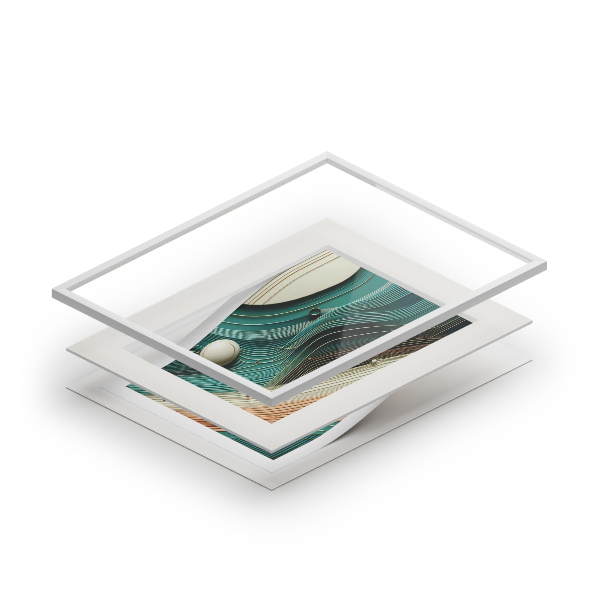 Stack of framed artworks on a white background