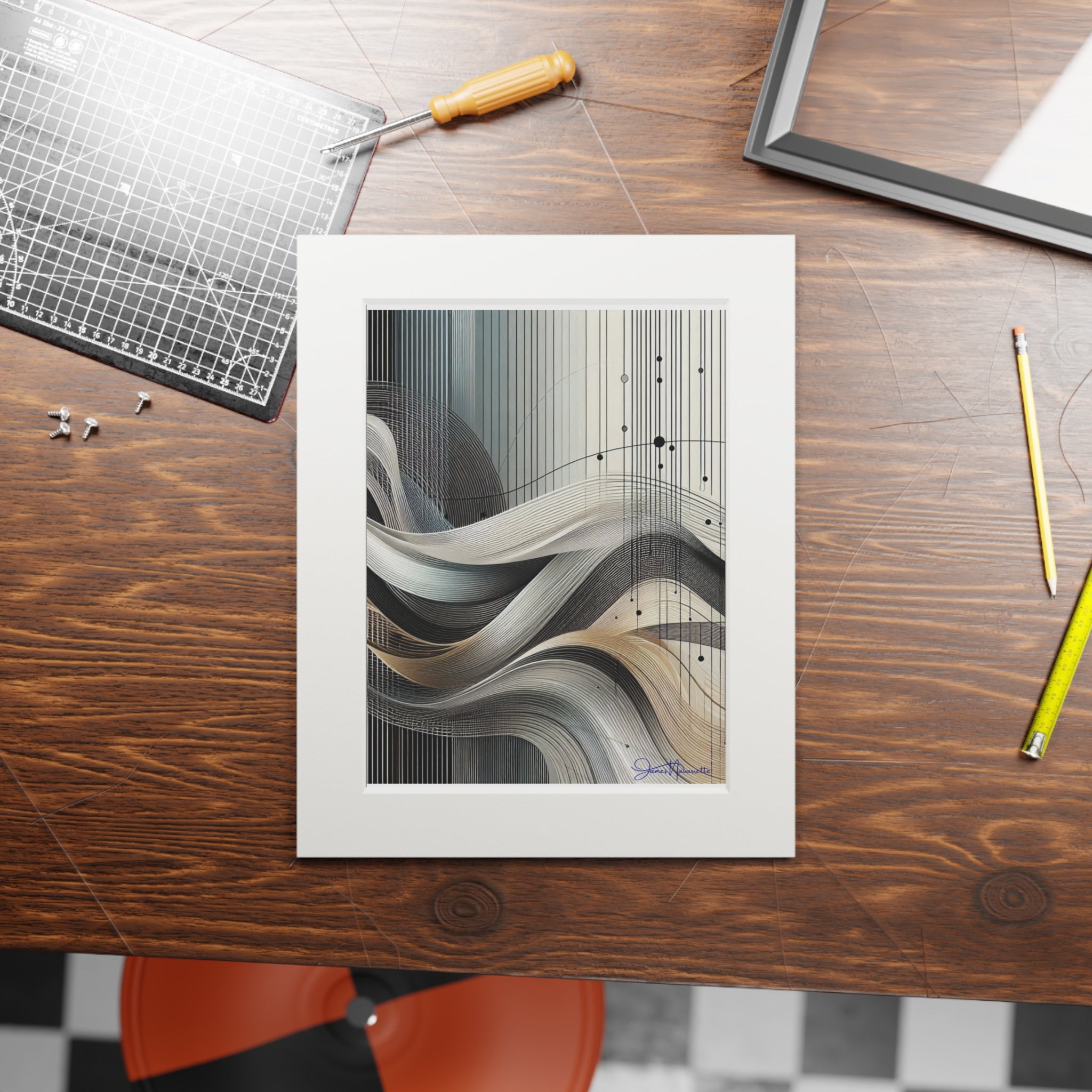 Framed abstract art on a wooden table with tools and a chair in the background