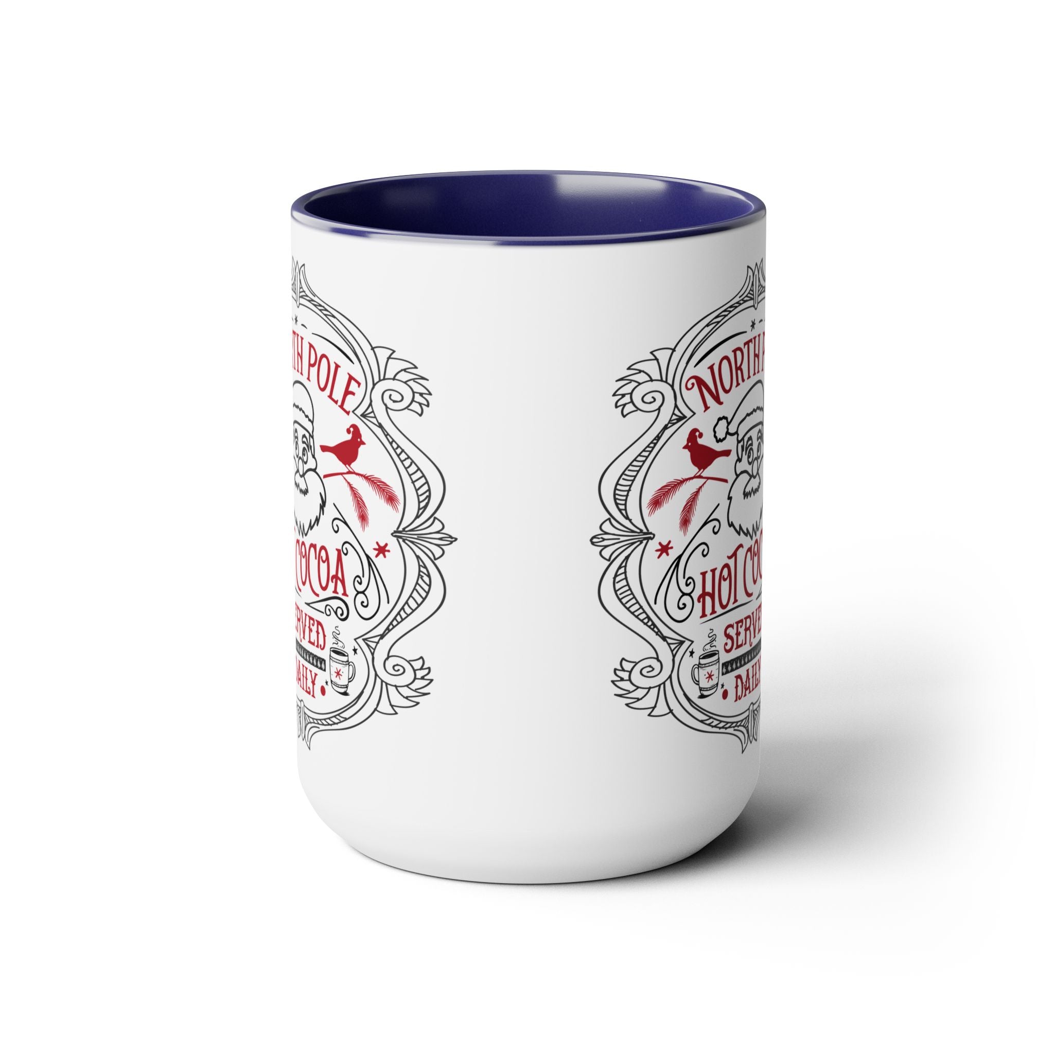 White mug with decorative text and red accents on a white background