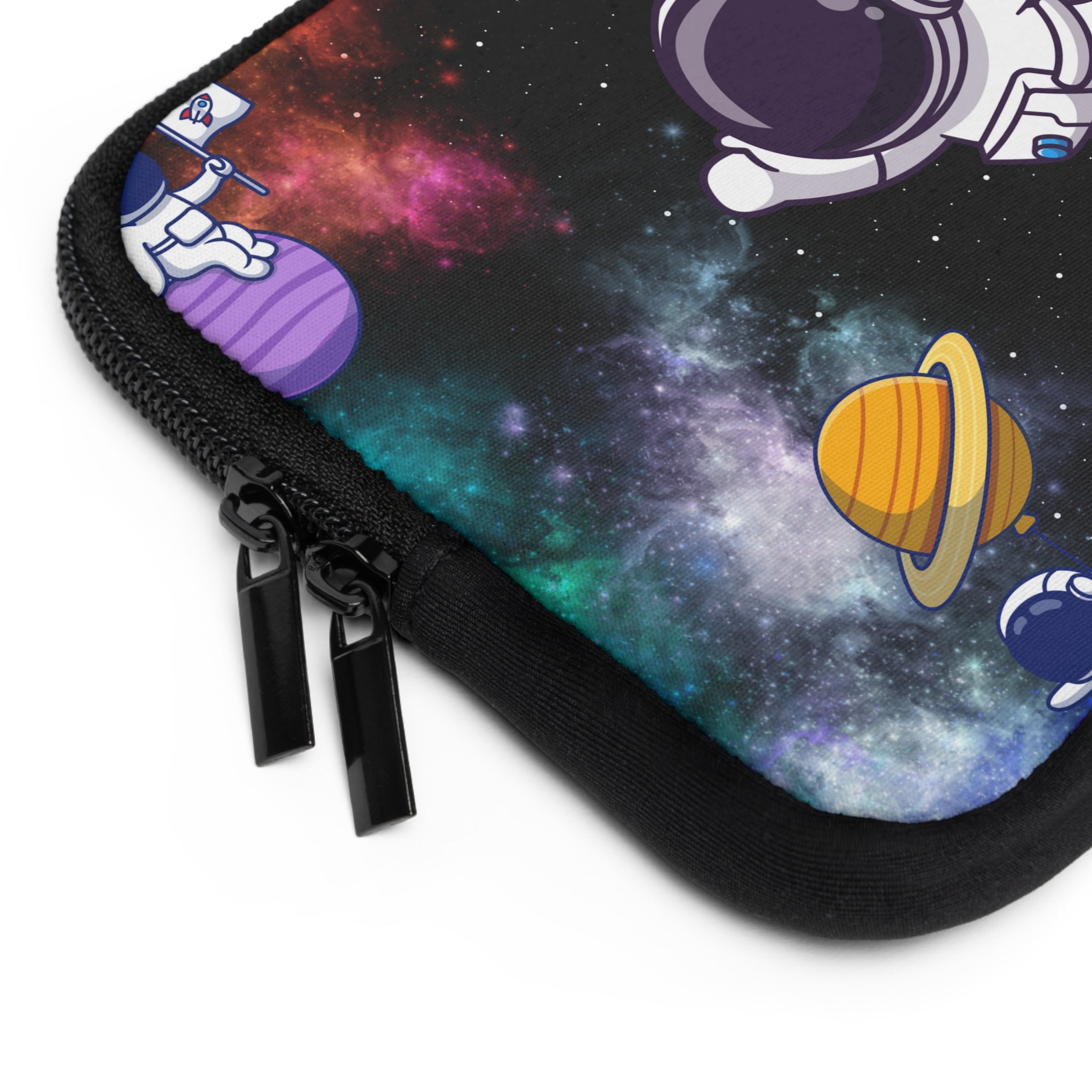 Space-themed pouch with astronauts and planets on a black background