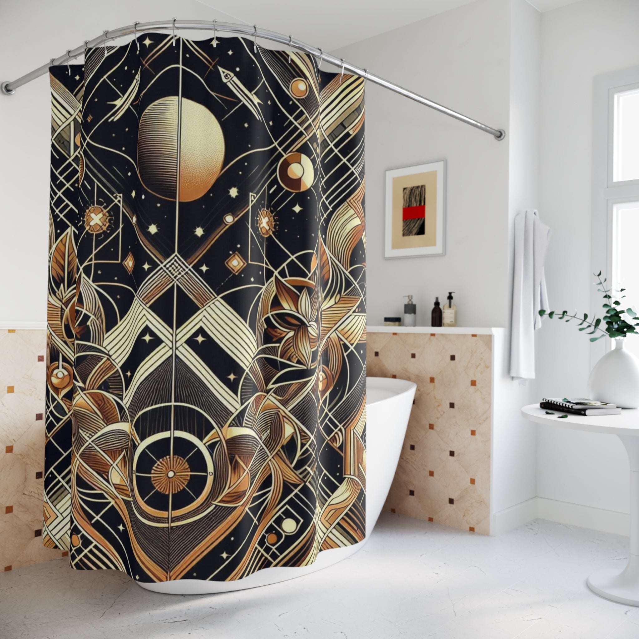 Shower curtain with celestial design in a bathroom setting