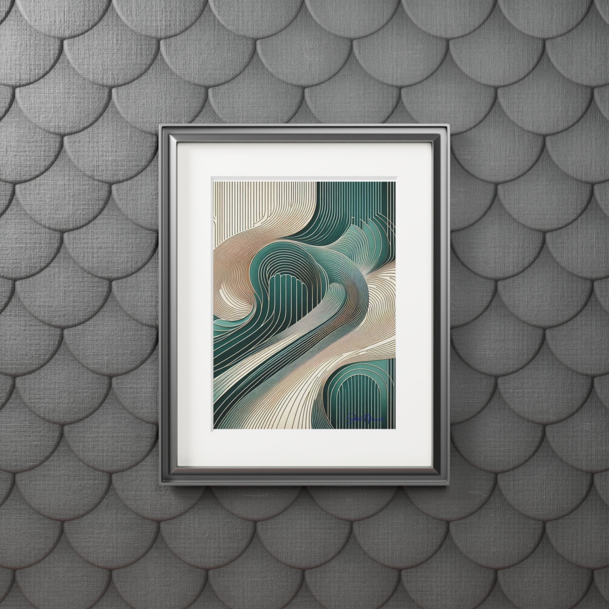 Fine Art Prints Abstract Landscape in cobalt, cream and white in Passepartout Paper Frame