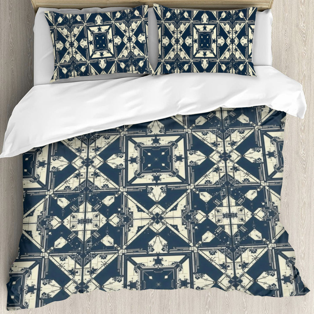 Bed with geometric patterned bedding on a wooden floor