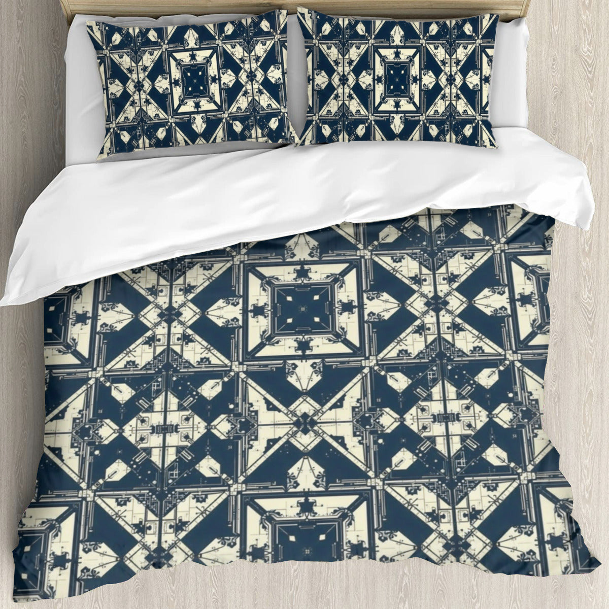 Bed with geometric patterned bedding on a wooden floor
