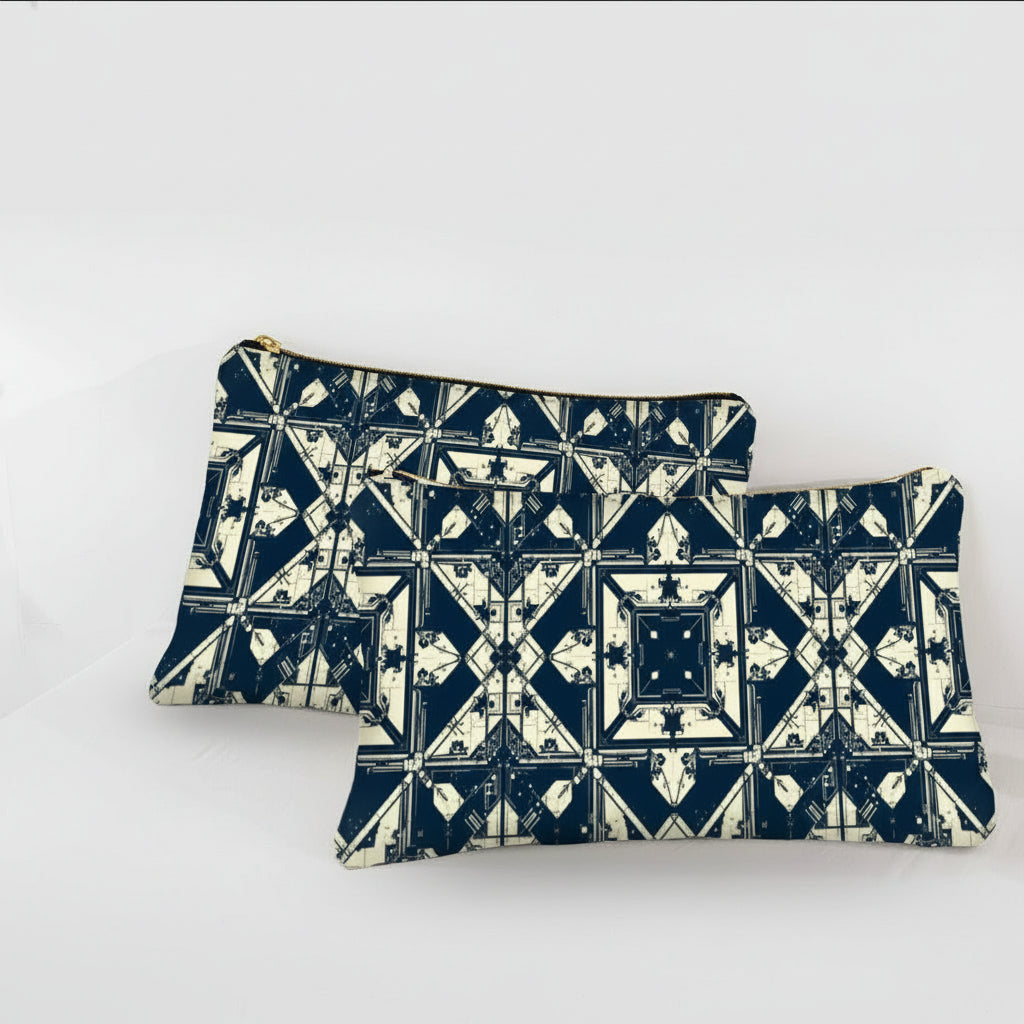 Two decorative pillows with geometric pattern on a white surface.