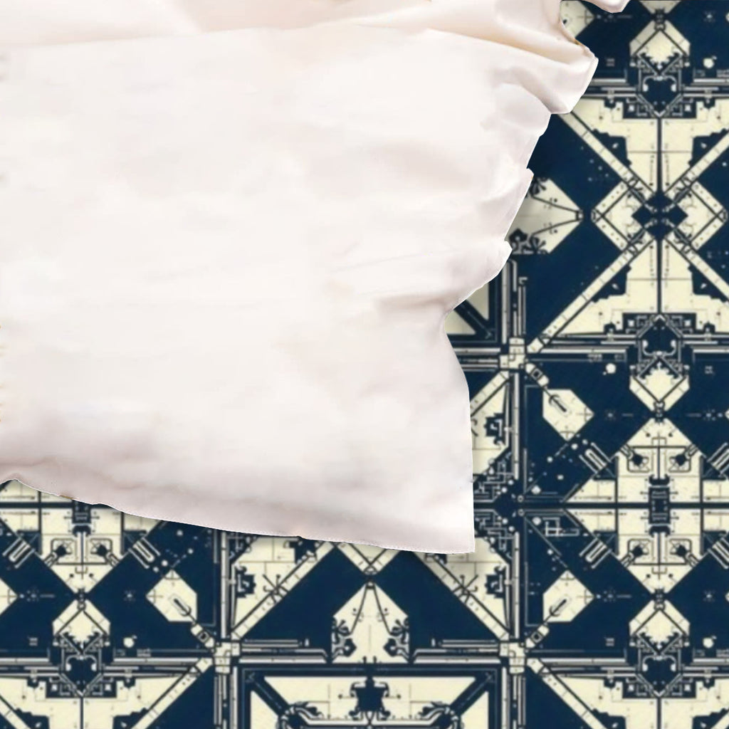 White pillowcase on a geometric patterned fabric background