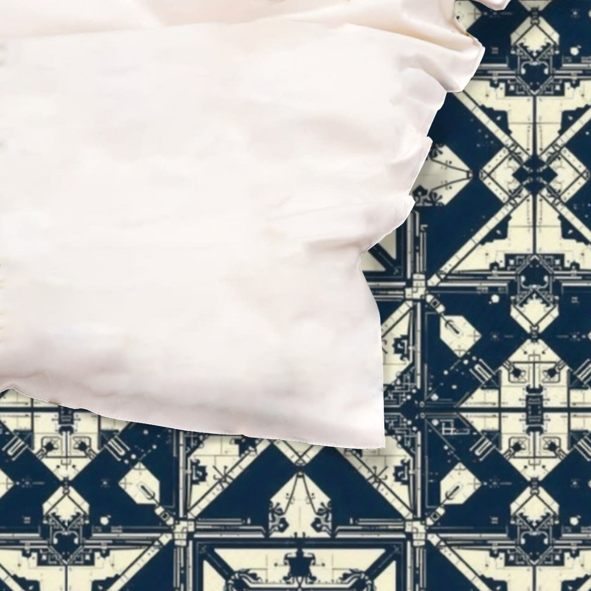 White pillowcase on a geometric patterned fabric background