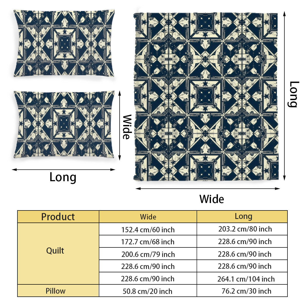 Patterned quilt and pillow with dimensions displayed
