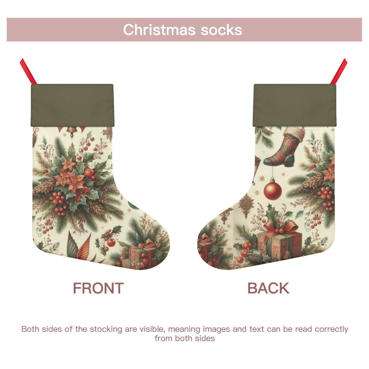 Christmas stocking with front and back views on a white background