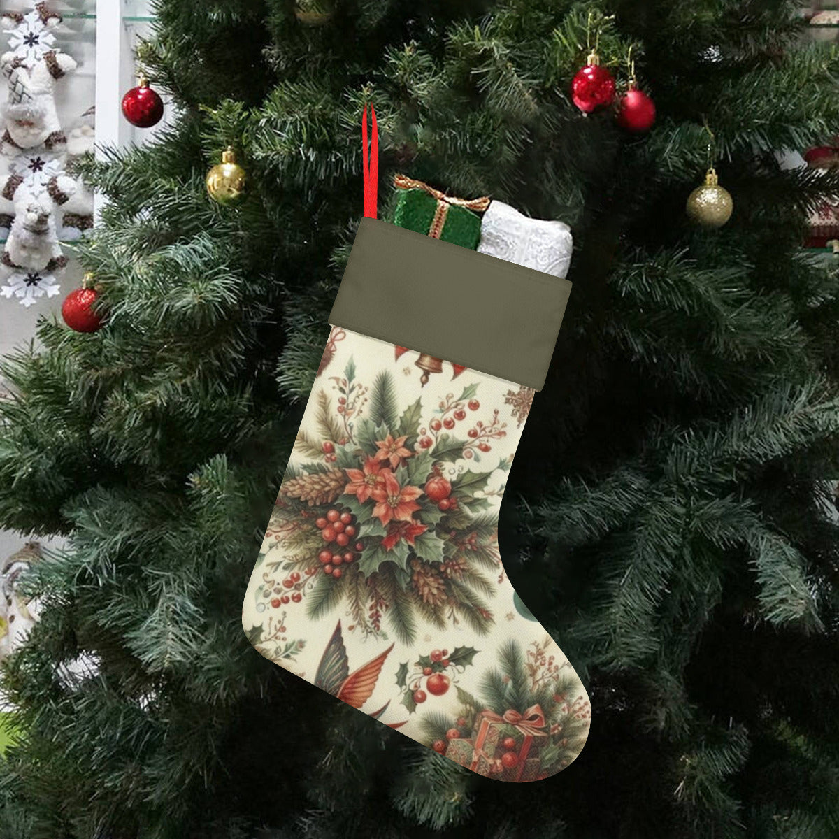 Decorative Christmas stocking hanging on a tree with ornaments.