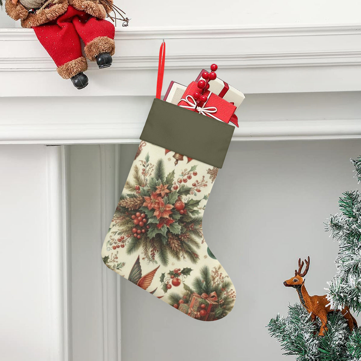 Decorative Christmas stocking with festive design hanging on a fireplace mantle.