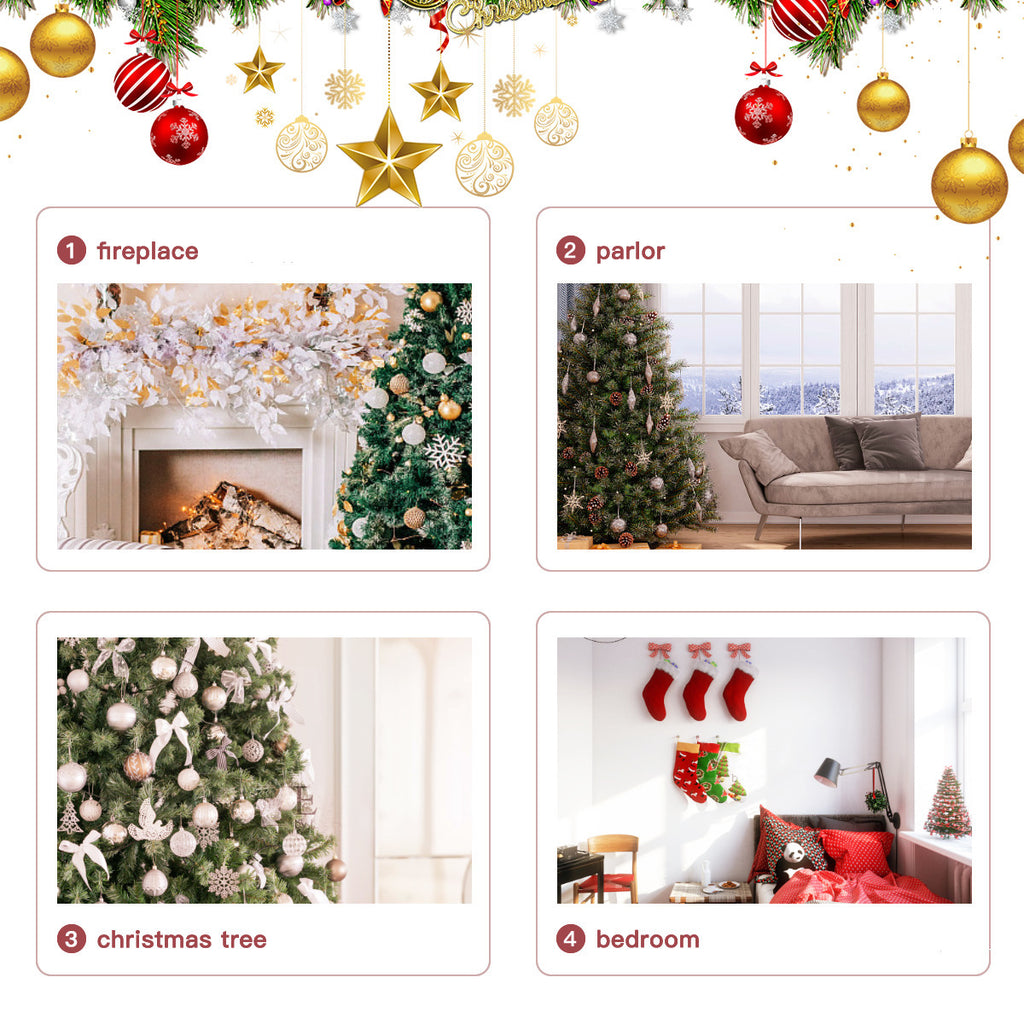 Decorative Christmas scene with ornaments and trees in various rooms.