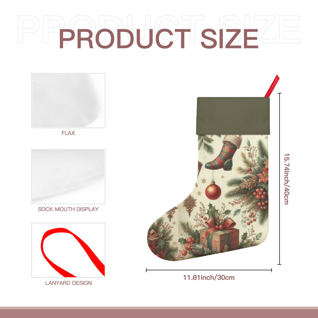 Product size chart for a Christmas stocking with dimensions and design elements.