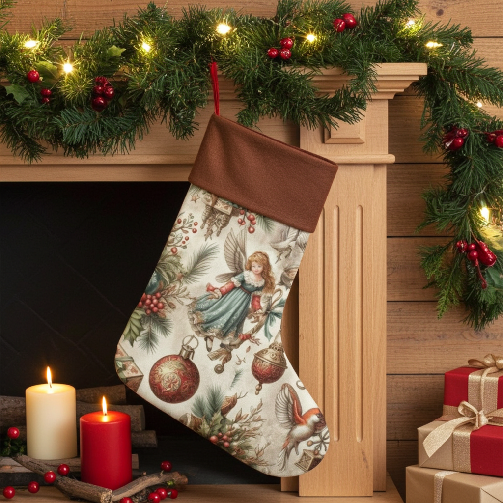 Decorative Christmas stocking hanging on a fireplace mantel with garlands and candles.