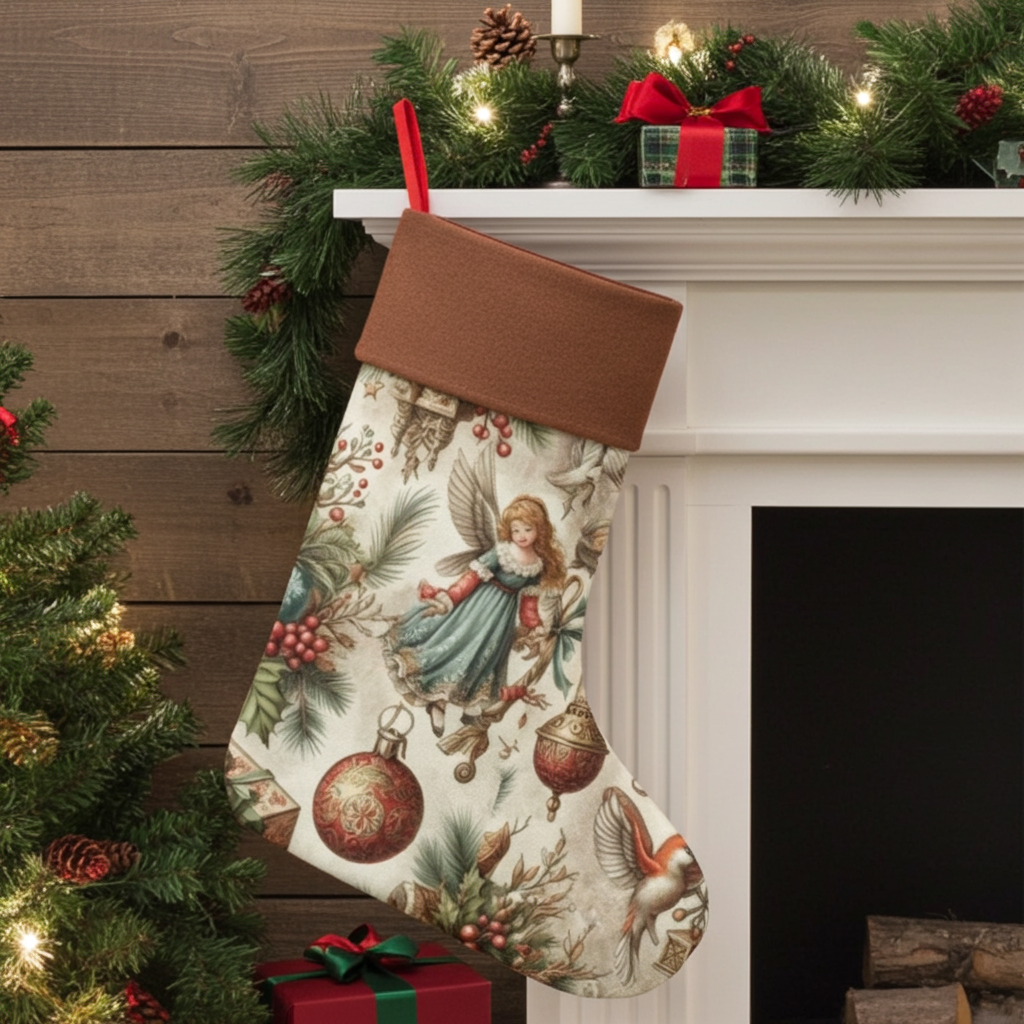 Decorative Christmas stocking with angel and bird design hanging by a fireplace.
