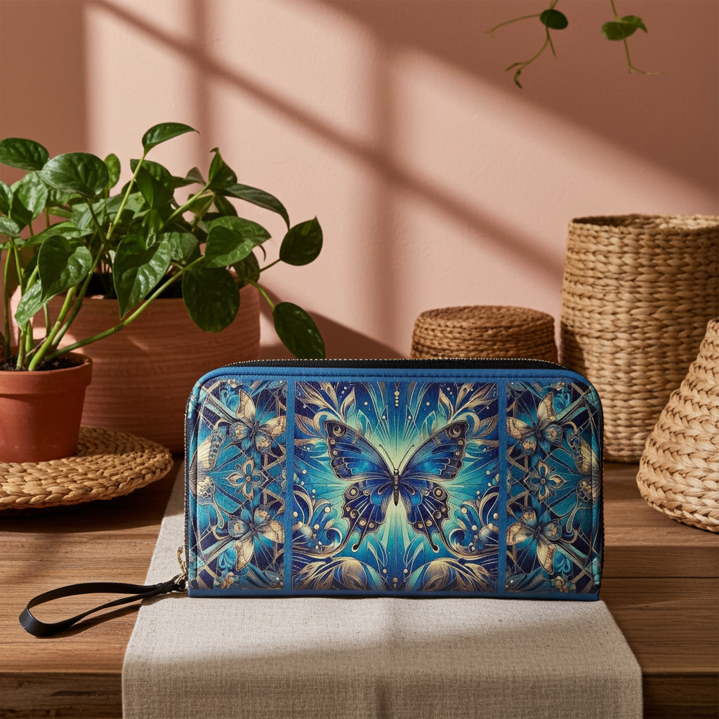 Art Nouveau Butterfly & Floral PU Leather Wallet - Elegant Abstract Design with Carrying Strap, Phone Holder