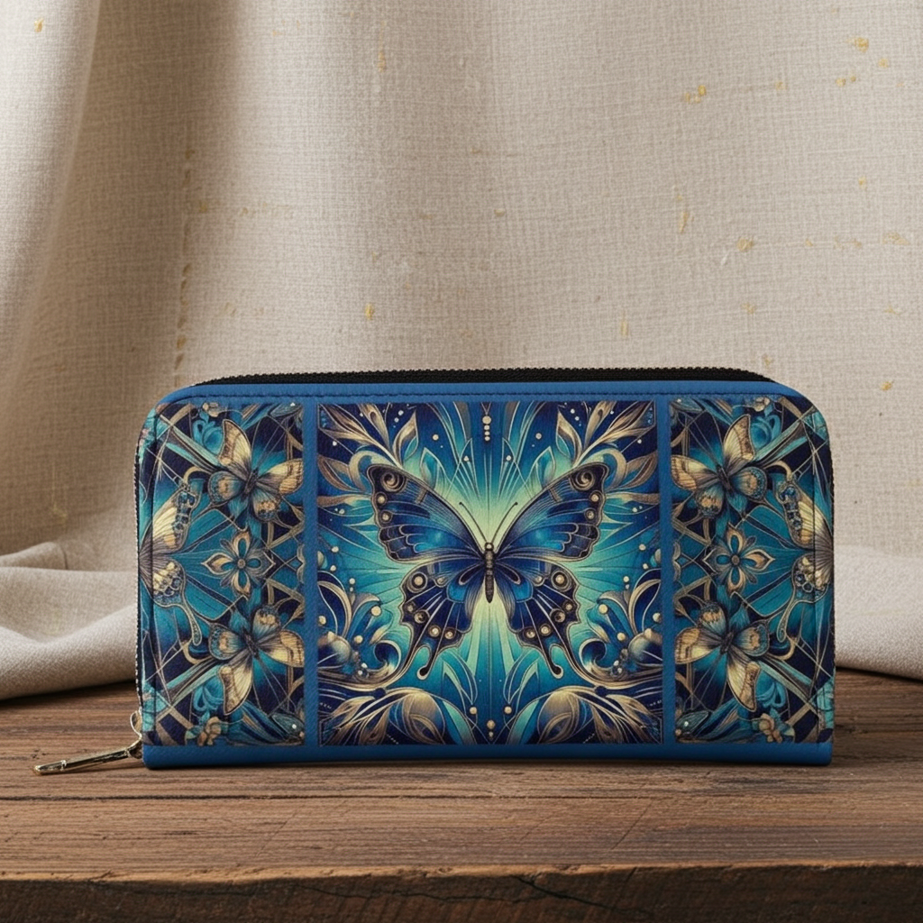 Art Nouveau Butterfly & Floral PU Leather Wallet - Elegant Abstract Design with Carrying Strap, Phone Holder