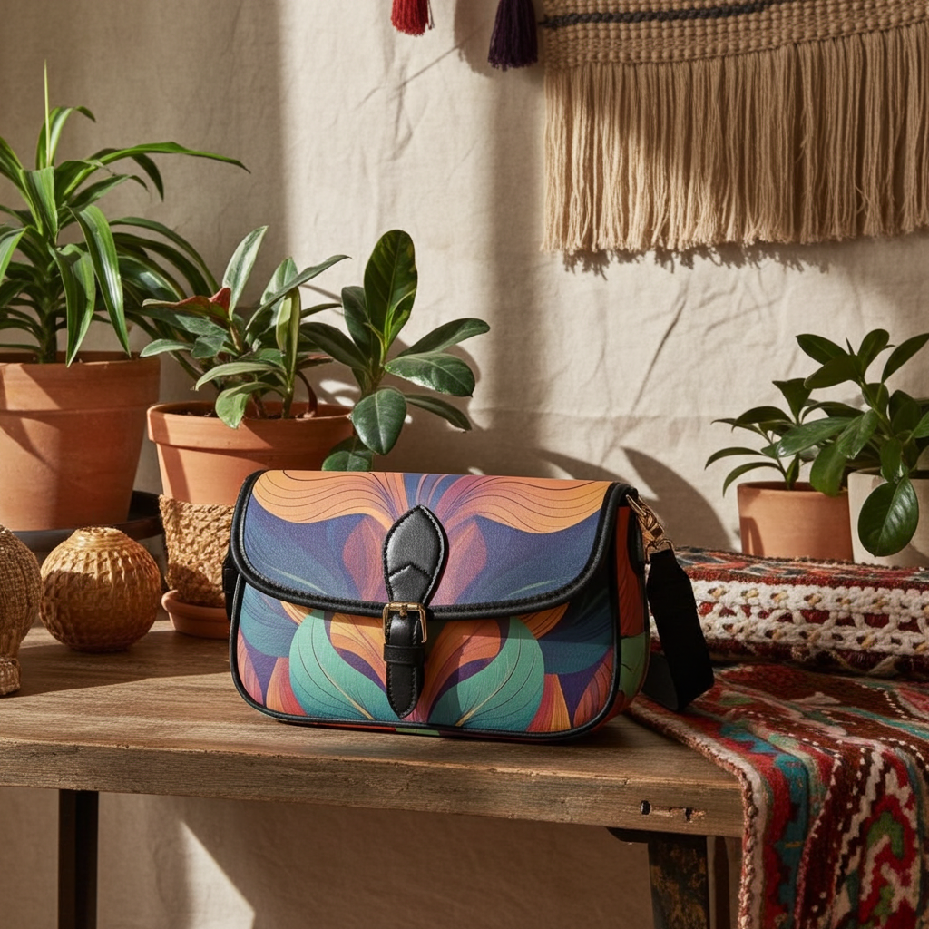 Colorful patterned bag on a wooden surface with plants and decorative items in the background
