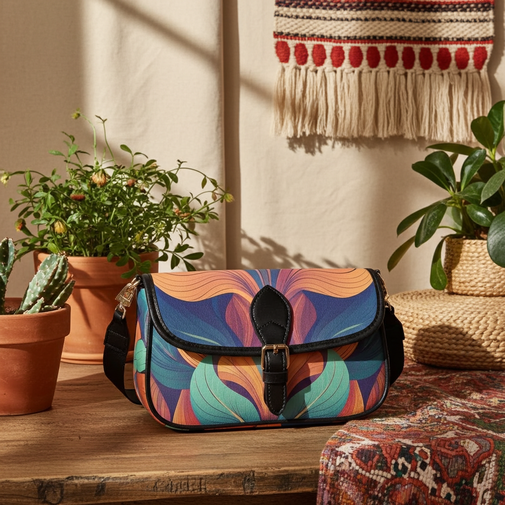 Colorful patterned handbag on a wooden surface with plants and decorative items in the background