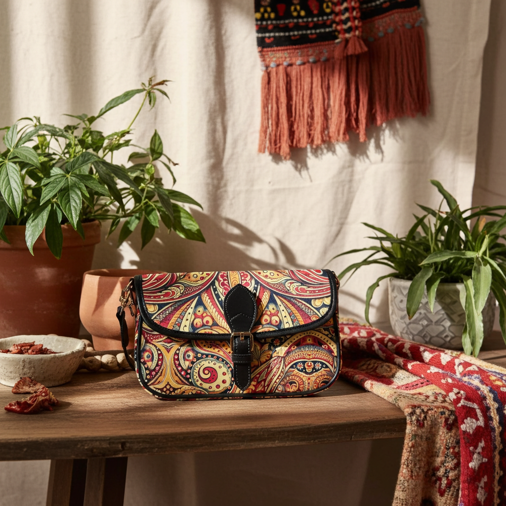 Colorful patterned handbag on a wooden table with plants and a scarf in the background