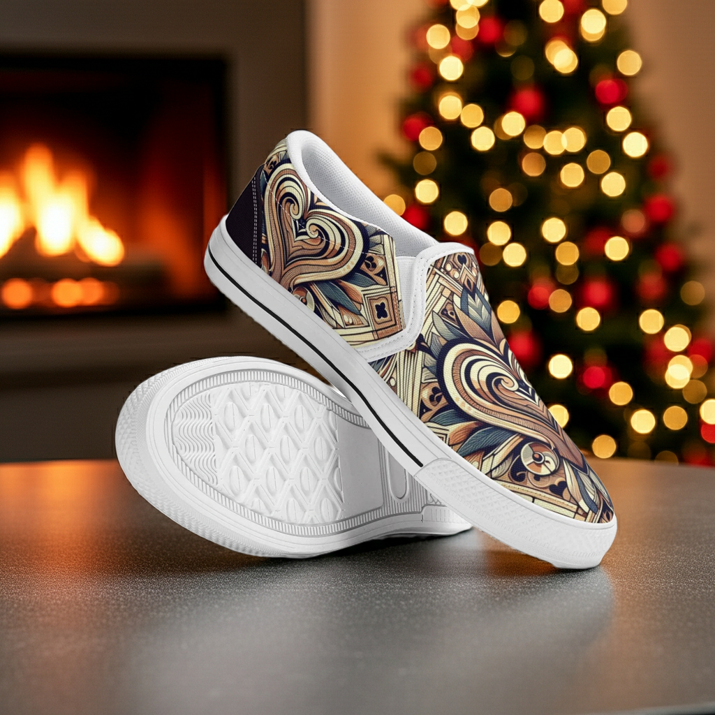 Sneakers with a decorative pattern on a surface with a fireplace and Christmas tree in the background