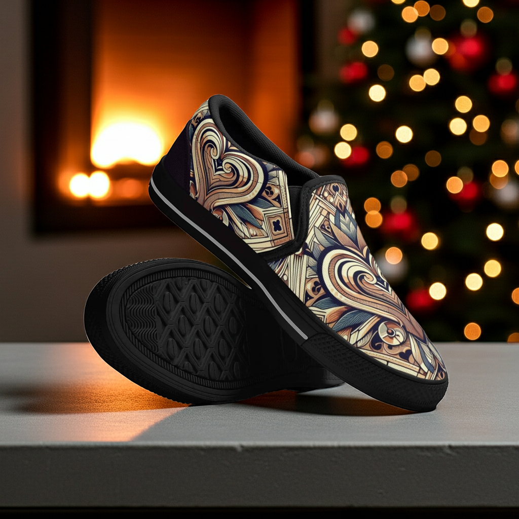 Black slip-on shoes with intricate design in front of a fireplace and Christmas tree.
