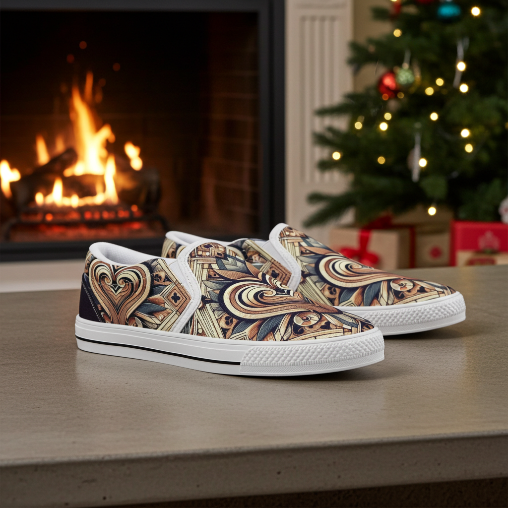 Decorative shoes with intricate patterns on a surface in front of a fireplace and Christmas tree.