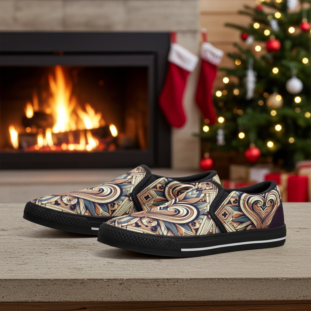 Patterned slip-on shoes on a wooden surface with a fireplace and Christmas tree in the background.