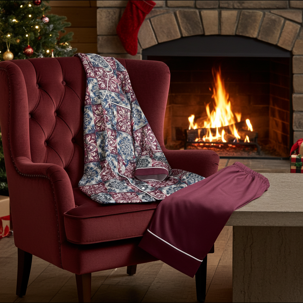 Red armchair with a patterned blanket in front of a fireplace during Christmas.