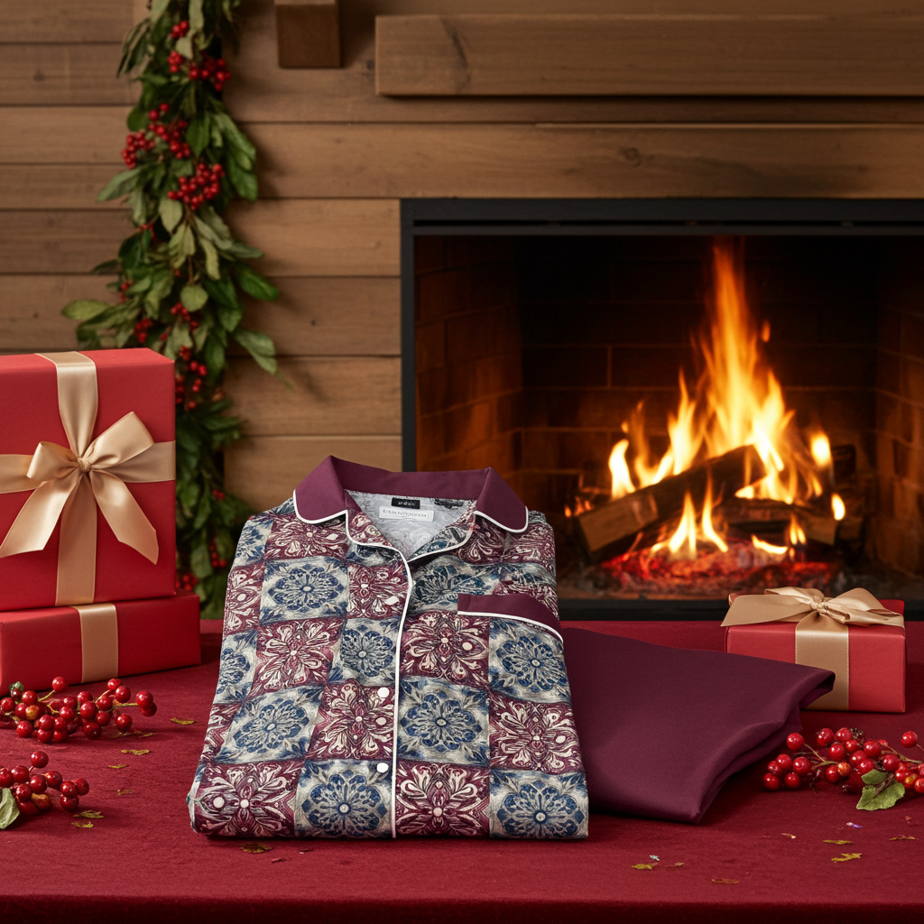 Patterned pajama set on a red surface with a fireplace and Christmas decorations in the background