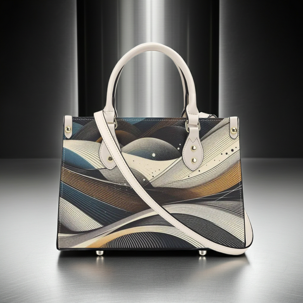 Handbag with abstract design on a reflective surface