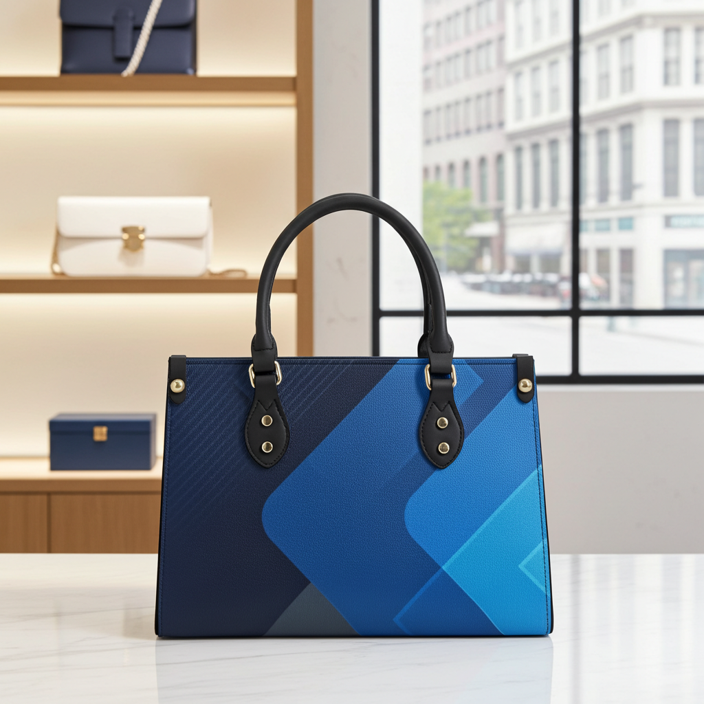 Blue handbag with geometric design on a surface with a blurred indoor background