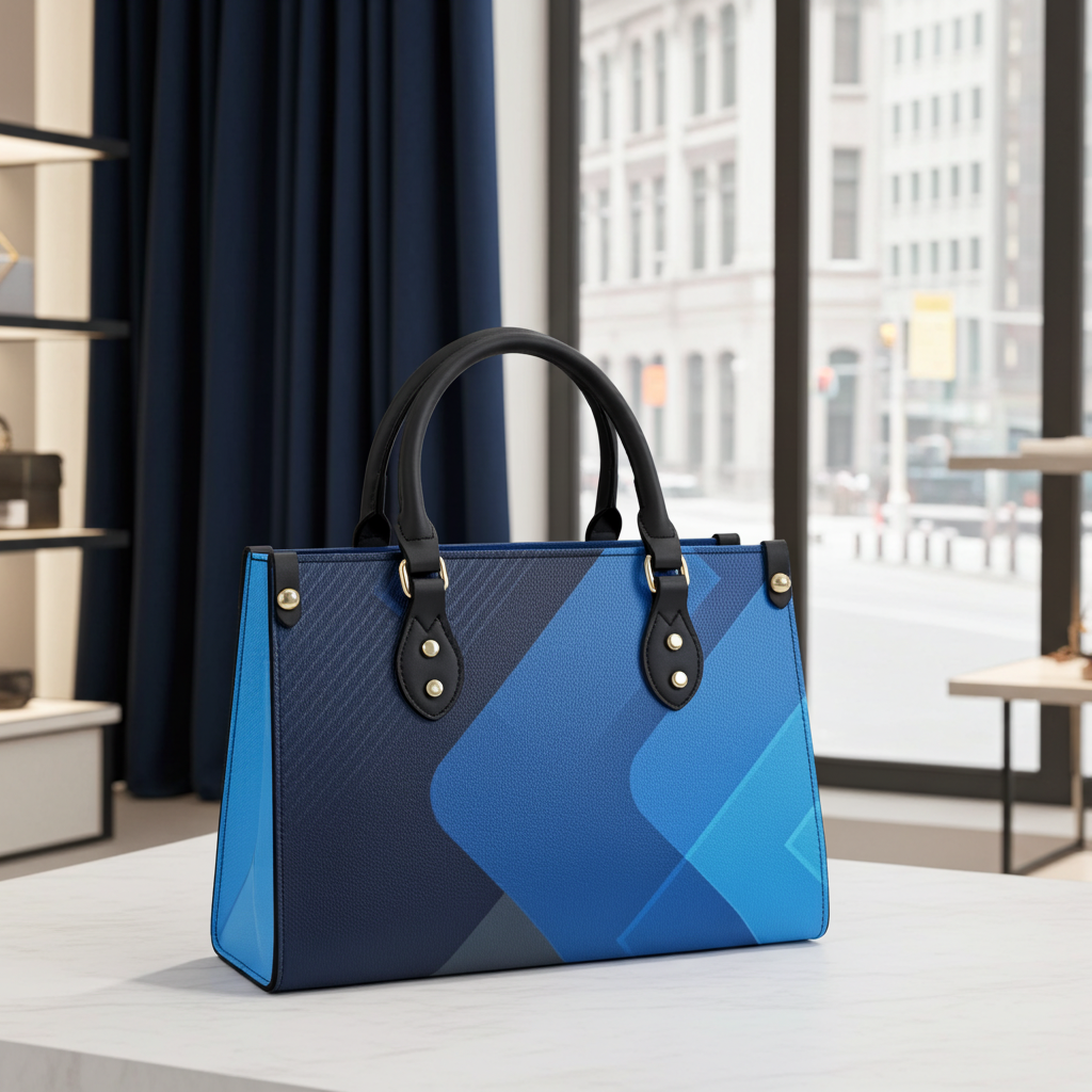 Blue handbag with geometric pattern on a surface near a window