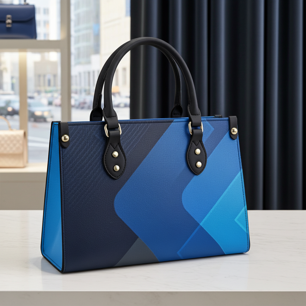 Blue and black handbag on a table with a blurred indoor background