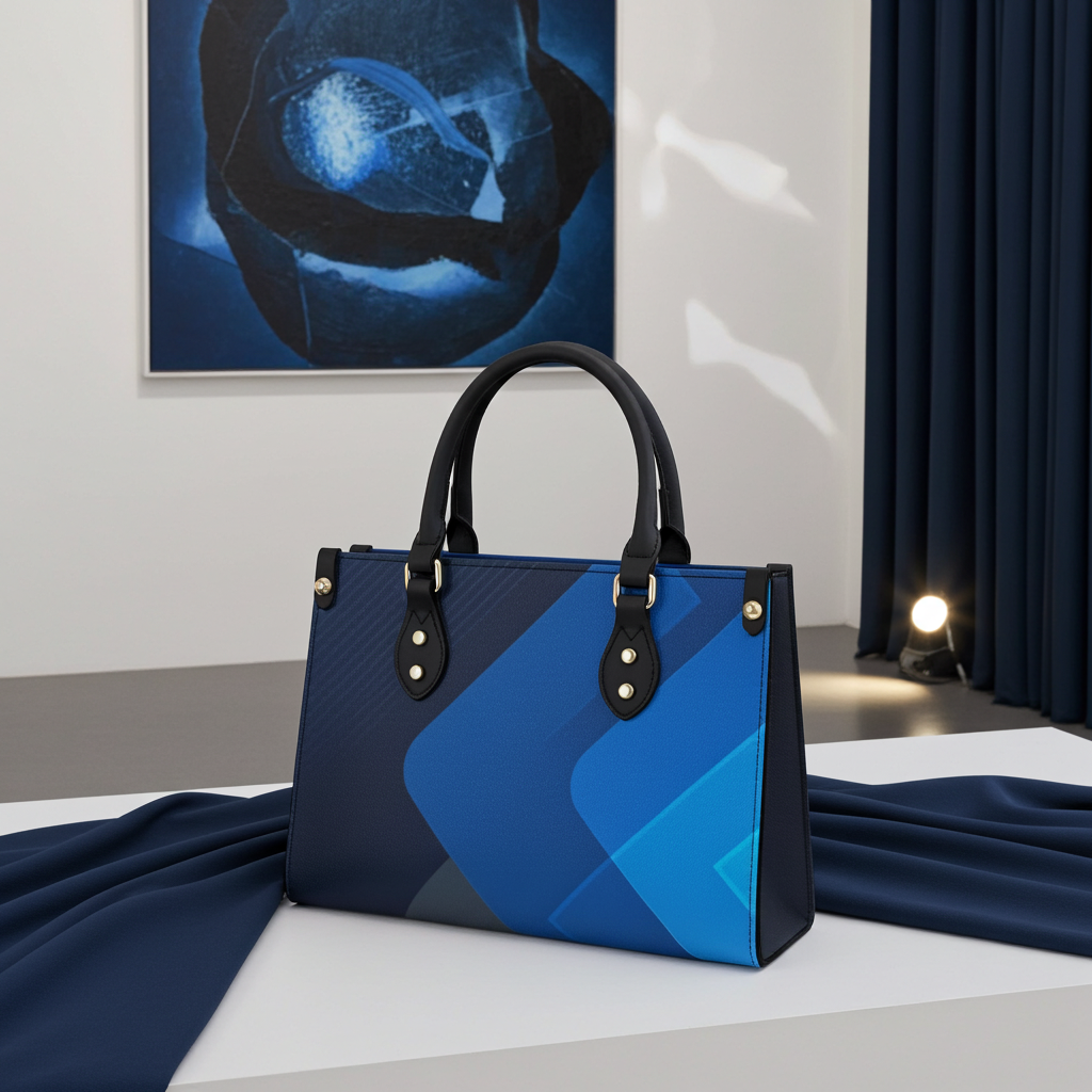 Blue and black handbag on a table with a modern interior setting